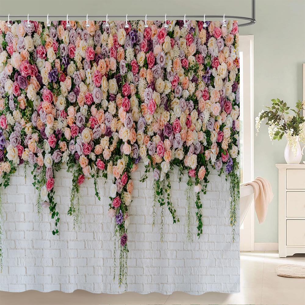 1Pcs Pink flower printing waterproof shower curtain,  Rose flowers wall bathroom decorative curtain with plastic hooks