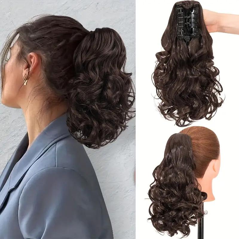 

10-дюймовый короткий конский хвост, классические свободные вьющиеся волнистые накладные волосы на заколках-конских хвостах, накладные волосы для женщин - пепельно-коричневый с платиновыми прядями
