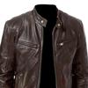 Solid Color Zipper Closure Men Jacket Faux Leather Stand Collar Multi Pockets Motorcycle Windbreaker Outerwear