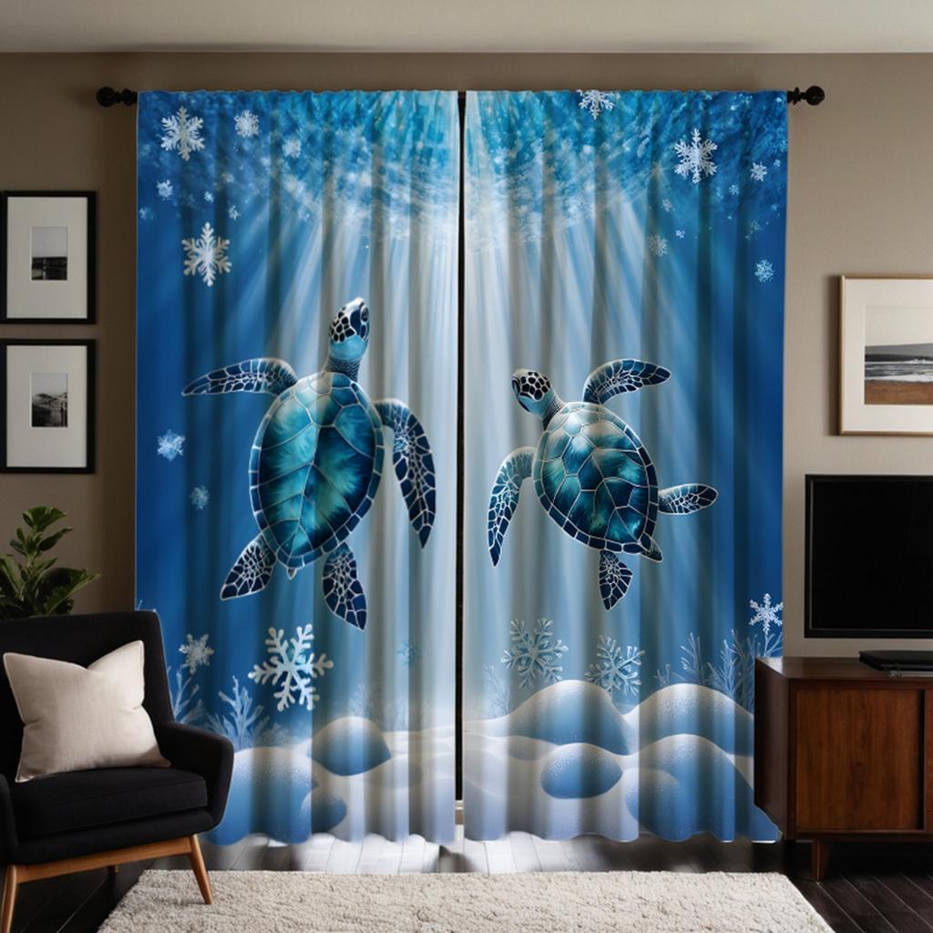 2pcs HD Sea Bottom Romantic Snowflake turtle diving decorative curtain Blue tie digital printed curtain Home Decoration style