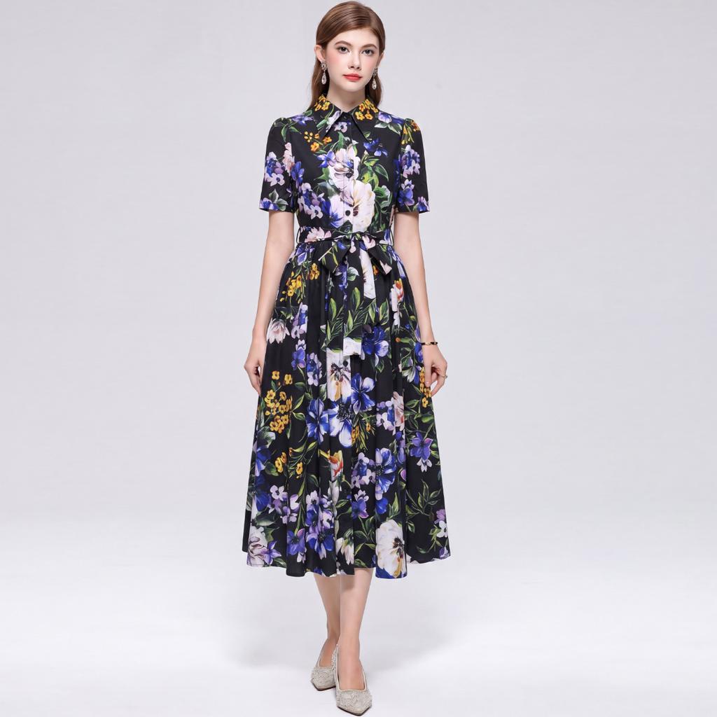 Elegant Gorgeous Flower Print Shirt Dress Women Summer Short Sleeve Collar Midi Dress with Sash Belt Vintage Style Party Wear