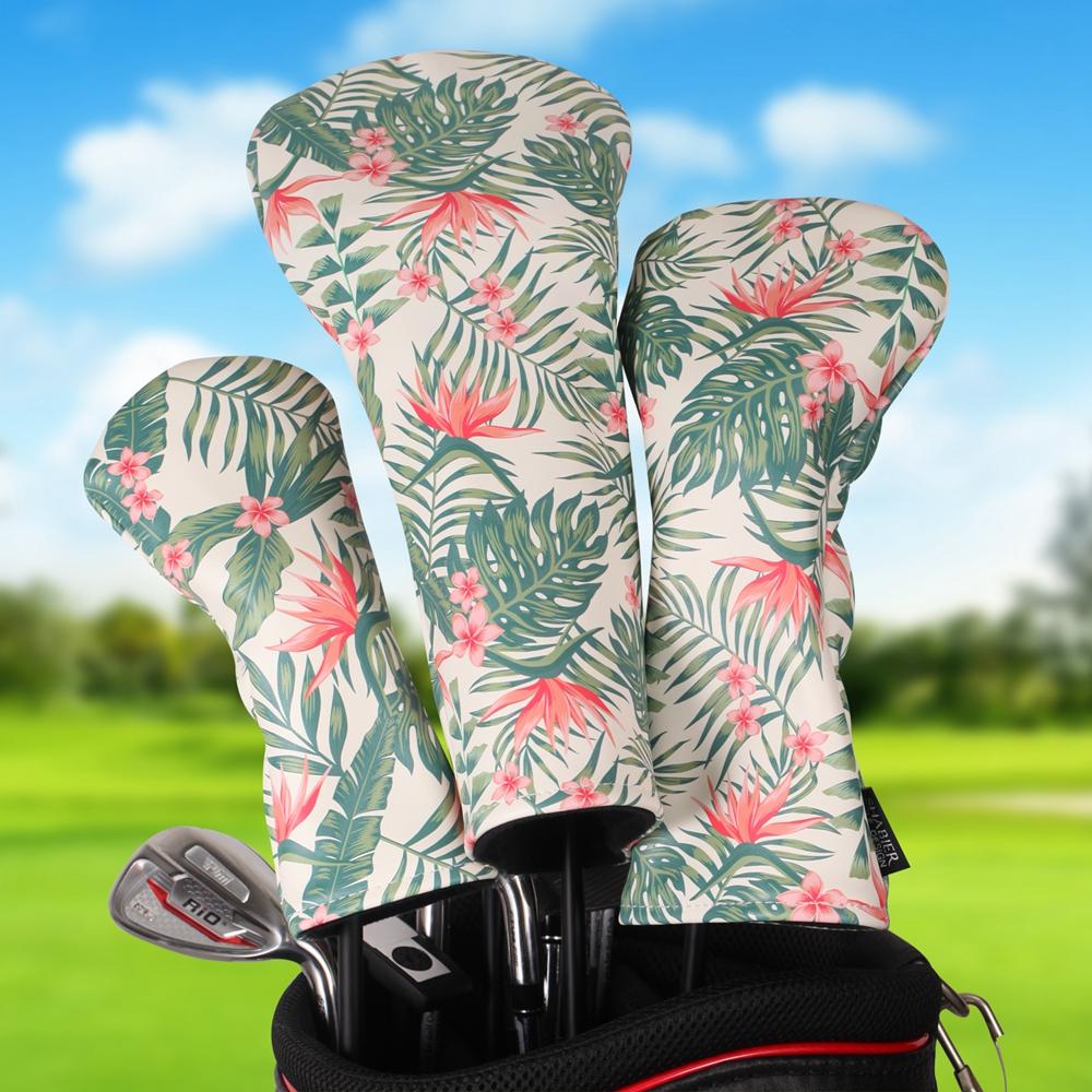 Hawaiian Style Soft PU Leather Printing Golf Club Headcover 3pcs Set Bundled Driver Fairway Wood Hybrid Covers 5