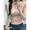 Summer Macaron Color Cotton Contrasting Niche Bow Embroidered T-shirt for Women's Age-reducing Slim Shoulder Short Sleeves