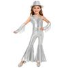 Kids Girls Jazz Disco Dance Jumpsuit Sleeveless One Shoulder Sequins Tassels High Waist Flared with Gloves and Fedora Hat for Banquet Pageant Party