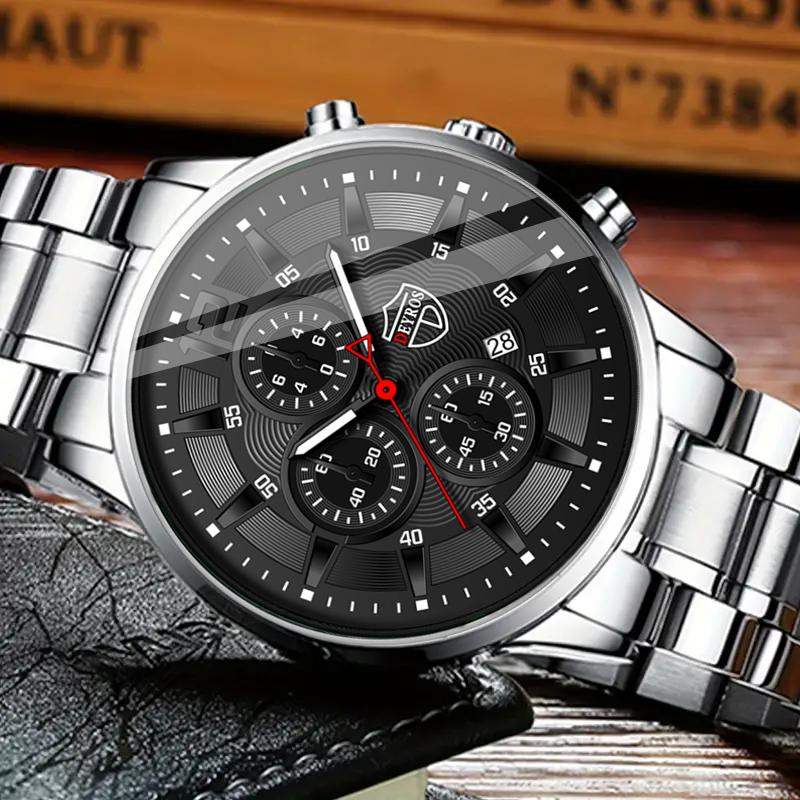 3pcs/set Men's Fashion Calendar Casual Stainless Steel Quartz Watch & Bracelet & Necklace, Men's Gifts