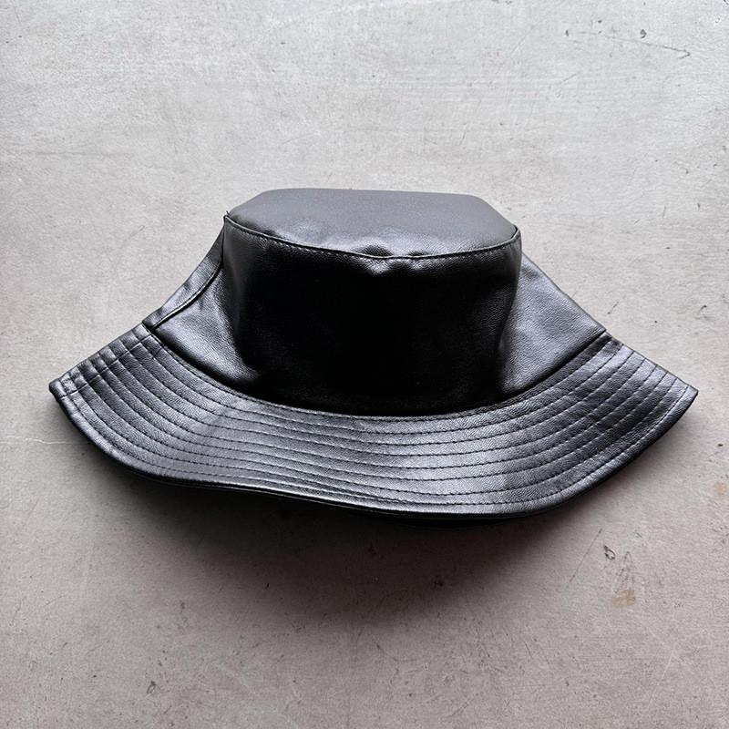 Vintage Pu Leather Bucket Hat With Wide Brim For Streetwear And Sun Protection