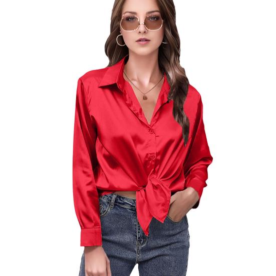 Women Shirt Lapel Long Sleeve Smooth Satin Shirt Tops Solid Color Loose Fit Casual Shirt Office Lady Shirt Daily Wear