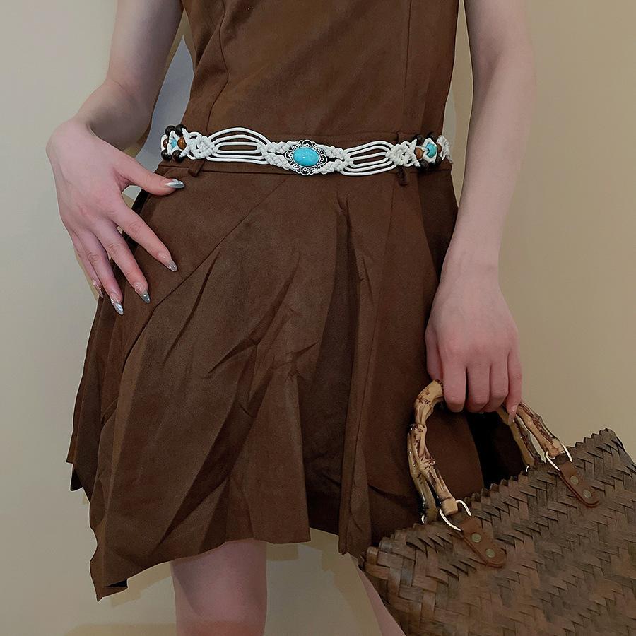 Vintage ethnic wind wood bead woven fringed waist chain bohemian belt clothing