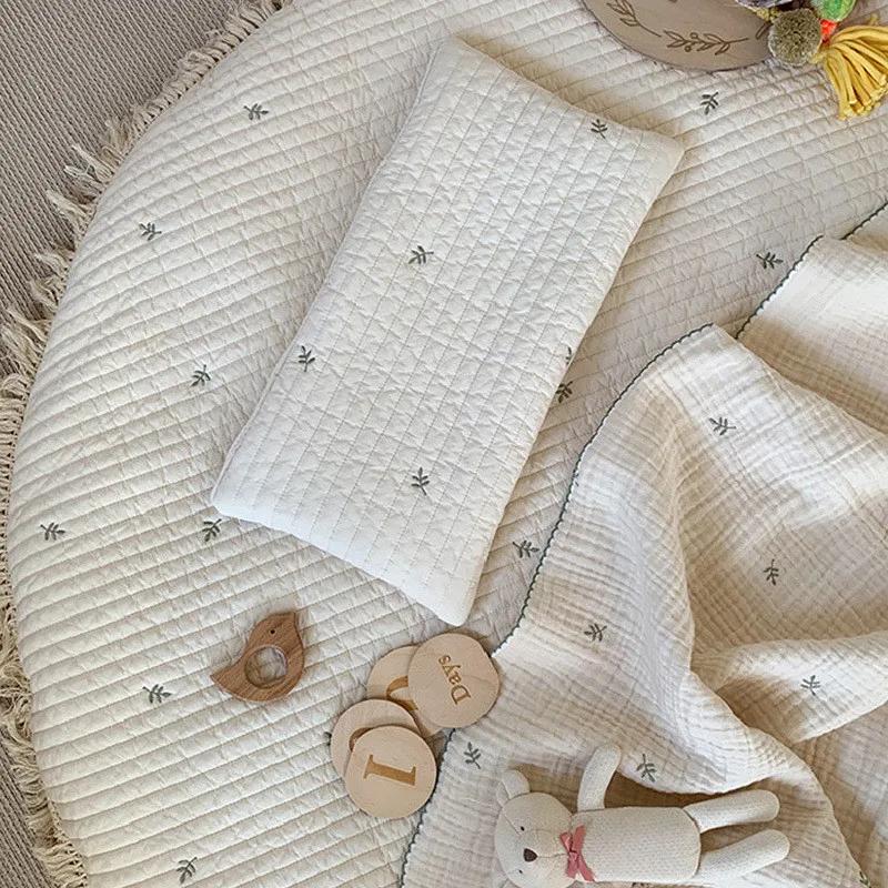 Newborn Pure Cotton Flat Pillow, Quilted with Cartoon Squirrel & Bear Embroidery, Breathable & Soft