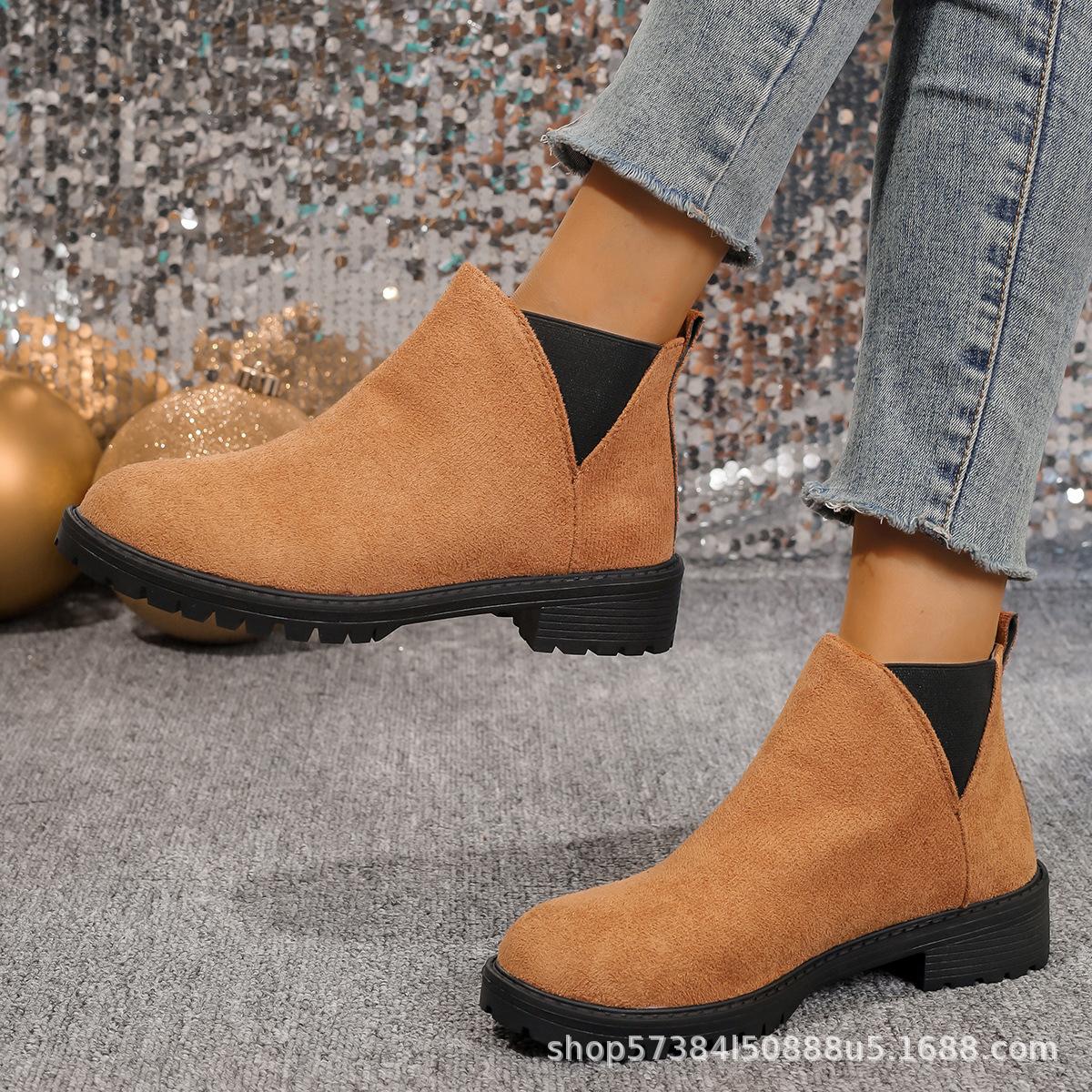 

European and American foreign trade large size 2025 new one-pedal short leather boots women s round head thick heel casual fashion boots 43 хакі