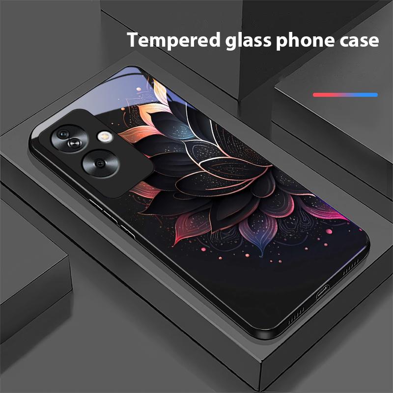 Luminous Black Lotus For Oppo A79 5G 58 78 74 60 4G Reno 11F Realme GT 6 11 Note 50 10 C55 X2 Tempered Glass Black Phone Case