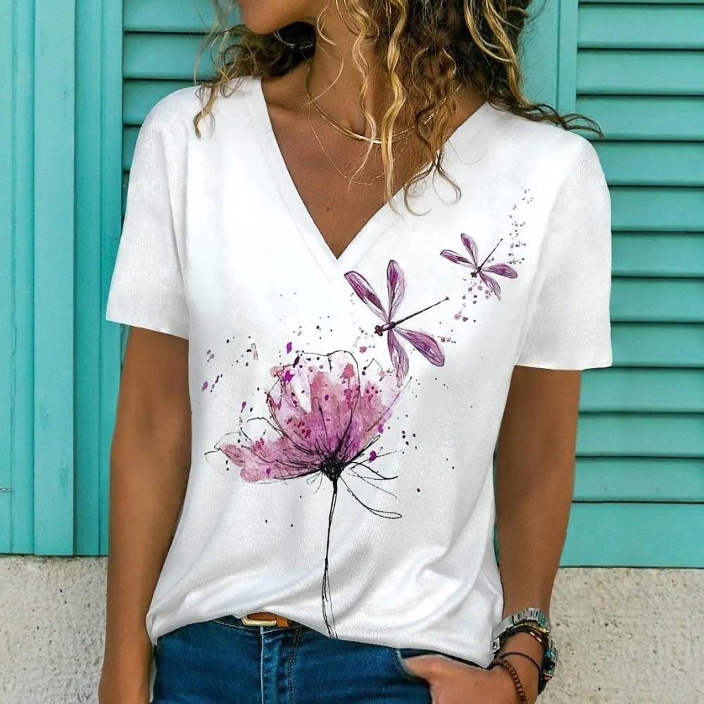 Summer Women Short Sleeve V-Neck Oversized T Shirt For Women Fashion Ladies T-Shirt 3d Flower Dragonfly Print Top Casual Clothes