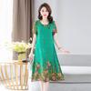 Dle Aged Mother Wearing Cotton Silk Dress Summer Dress for Long Vintage Loose Women Elegant Short Sleeve Casual O-neck Dresses Print Woman Clothing