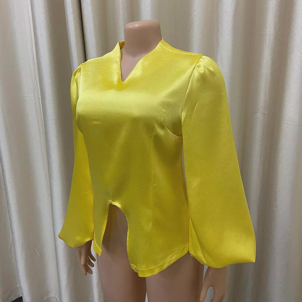 Women's Solid Color V-Neck Lantern Sleeve Blouse - Plus Size, Elegant & Versatile Style for African, European & American Fashion