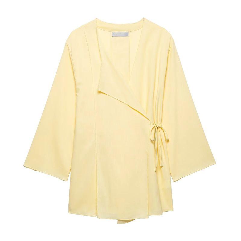 Linen Blend Kimono Cross Outwear 6078572 Retro Brown Elegant Wide Leg Pants 5057572