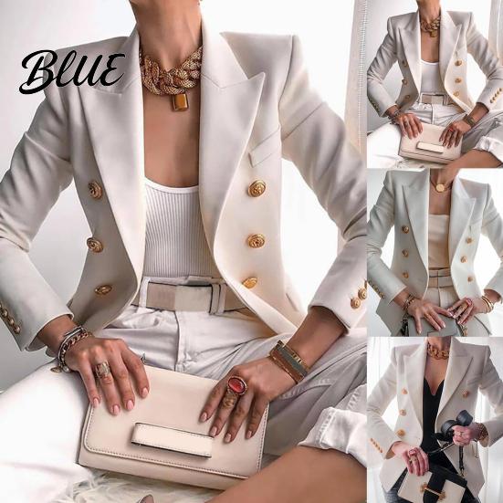 Kadın Sonbahar Düz Renk İnce Ceket Takım Elbise Ceketi Çift Düğmeli İş Blazer