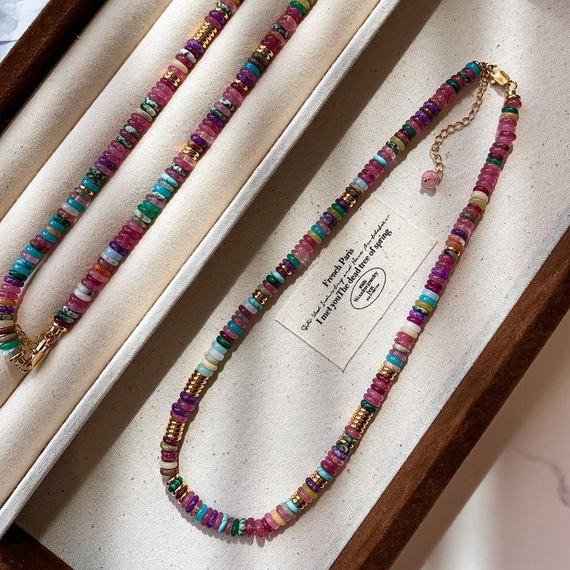 Minar Bohemia Candy Color Natural Stone Beads Beaded Necklace for Women Real Gold Plated Brass Strand Chokers