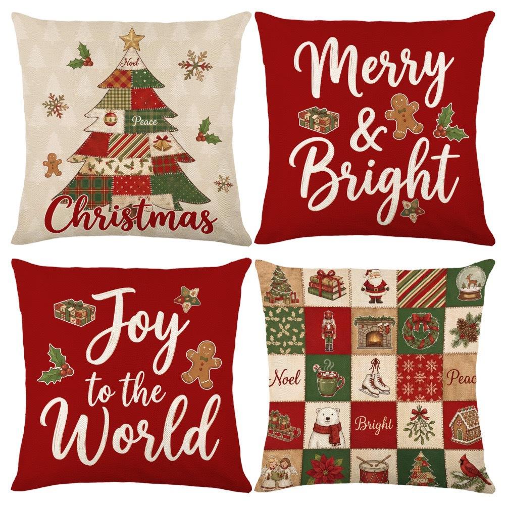 Christmas Theme Short Plush Pillow Cover Set Holiday Print Cushion Case for Living Room Sofa Home Decor 45x45cm