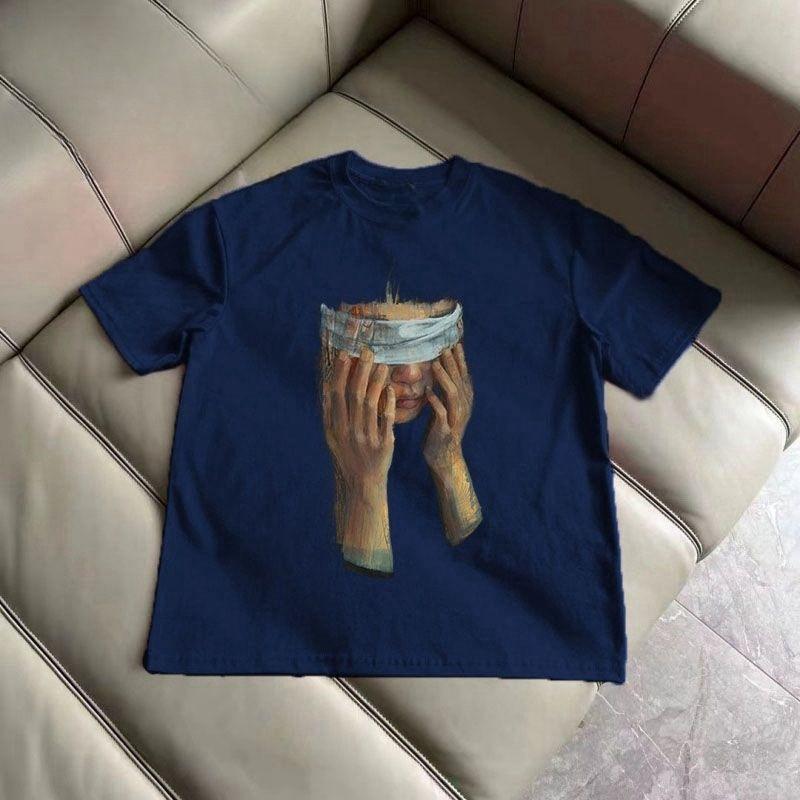 American Ins Streetwear Navy Blue Short-sleeved T-shirt, Versatile for Both Men and Women, Made of Pure Cotton