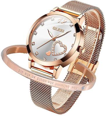 OLEVS Uhr Set Armbanduhr Premium Edelstahl 3 ATM Wasserdicht Leuchtend Gold Damen - Leicht Ablesbar - - Kalender, Widerstandsfähigkeit,