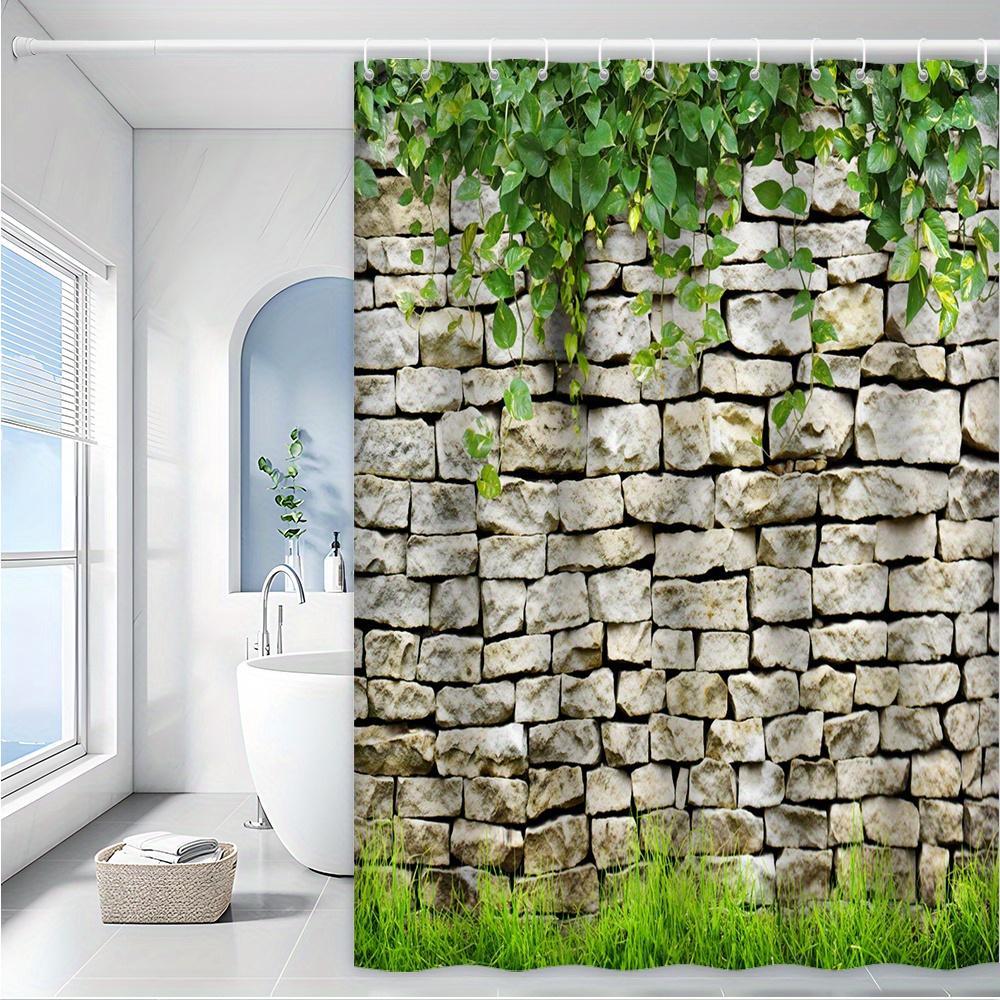 Vintage Stone Wall Bath Curtain - Lush Greenery & Grass, Waterproof Home Decor Adds Rustic Natural Beauty to Your Bathroom
