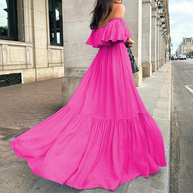 Summer new women's elegant solid color off-shoulder strapless midi dress
