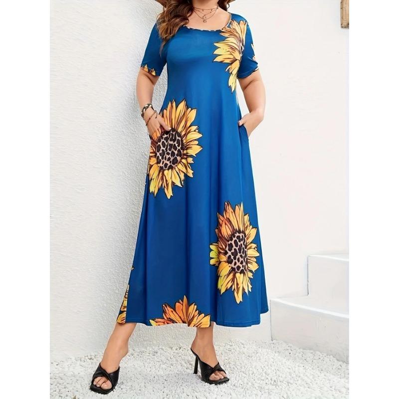 Dress Sunflower Printed Loose Long Short Sleeve Summer Dresses
