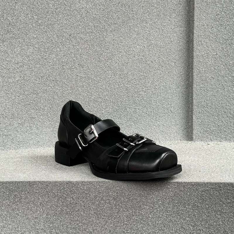 Yutu's niche round head shallow mouth single shoes summer dark punk leather shoes women's 2025 new black shoes