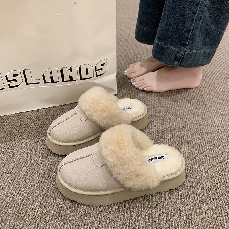 Processing custom winter half-drag thick-soled velvet fur integrated non-slip thick-soled comfortable warm cotton shoes boots women's shoes