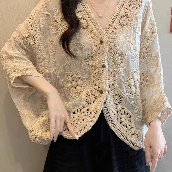 Bohemian Women's Crochet Hollow Lace Cardigan Top Summer Loose Plus Size Sun Protection Cardigan