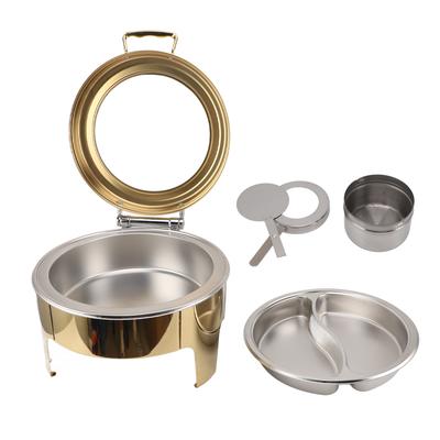 Round Buffet Chafing Dish Gold Visual 90 Degree Flip Lid Stainless Steel 6L Alcohol Heating Buffet