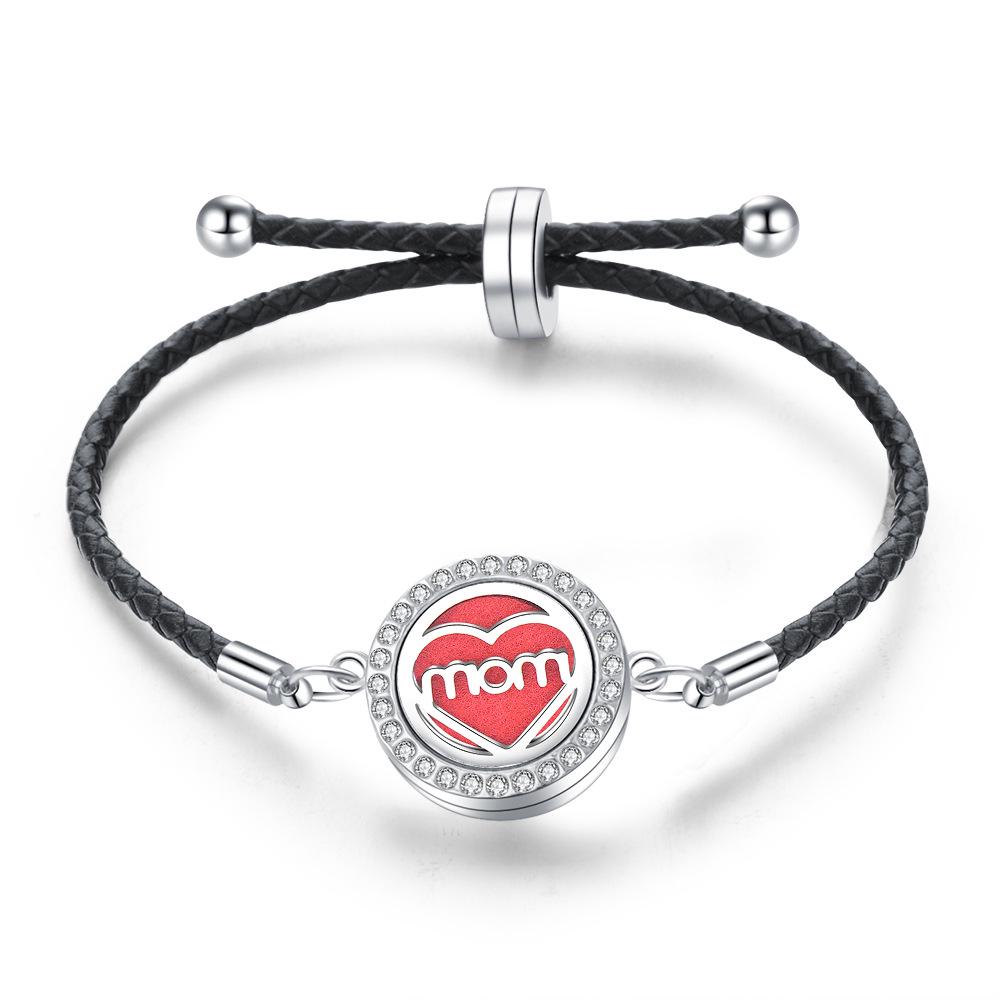Stainless Steel Tree of Life Aromatherapy Bracelet with Diamonds and Leather Band