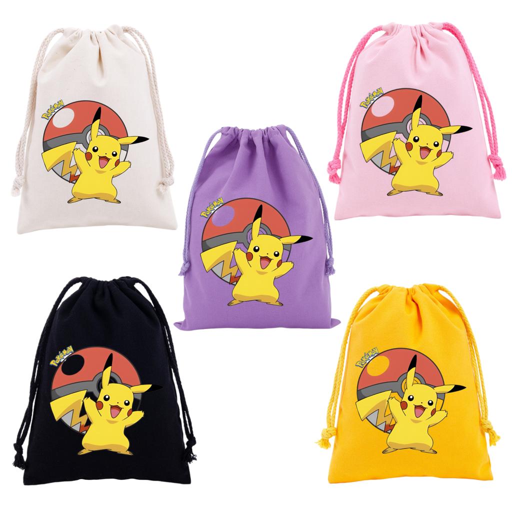 Pokemons Canvas Drawstring Bags Anime Figures Pikachu Eevee Gengar Cartoon Print Handbags Kids Birthday Party Candy Gift Bag