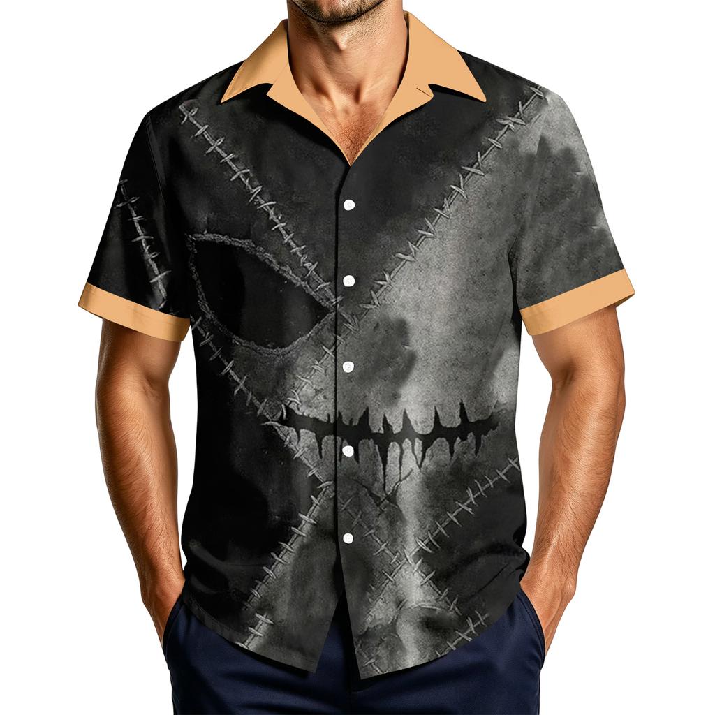 Men's Casual Short Sleeve Shirt with Halloween Print for Parties and Everyday Wear