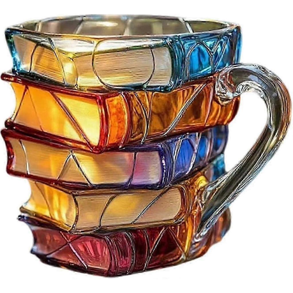 2025 New 3D Painted Book Mug Stacked Books Novelty Glass Coffee Cup for Hot & Cold Drinks, Perfect Gift for Book Lovers & Readers