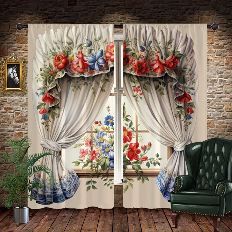 2pcs Potted Flowers Ancient Door Retro Curtain Printed Modern Style Rod Pocket Curtain For Living Room Office Home Decoration