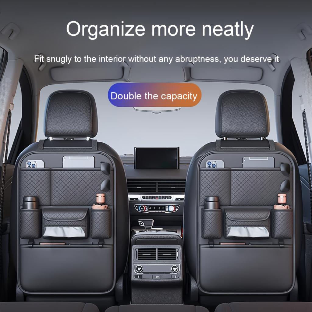 High Quality Black Car Seat Back Organizer - Large Capacity PU Leather Storage Bag for Water Bottles, Tablets, Laptops And Accessories
