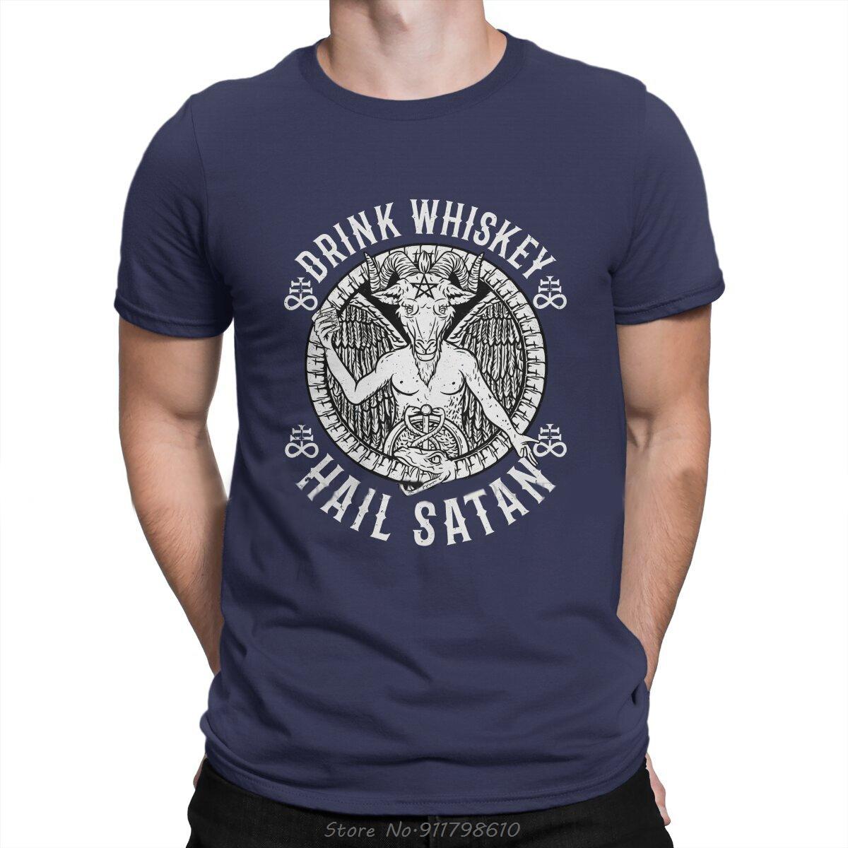 

Whiskey Wine Drinks TShirt For Men Hail Satan Satanic Baphomet Basic Summer Tees T Shirt Tops Novelty New Cotton T-shirt S