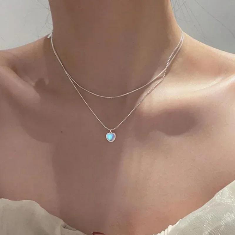 

Simple Lucky Bean Love Clavicle Chain For Girls Women Double Layer Heart Pendant Necklaces Korean Fashion Sweet Jewelry Gifts