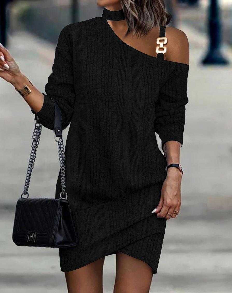 

Autumn and winter long-sleeved chain neck solid color button dress women S