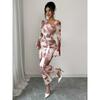 Womens Vintage Elegant Tie-Dye Print Mesh Ruched Fitted Long Sleeve Dress High Waist Irregular Neckline Flared