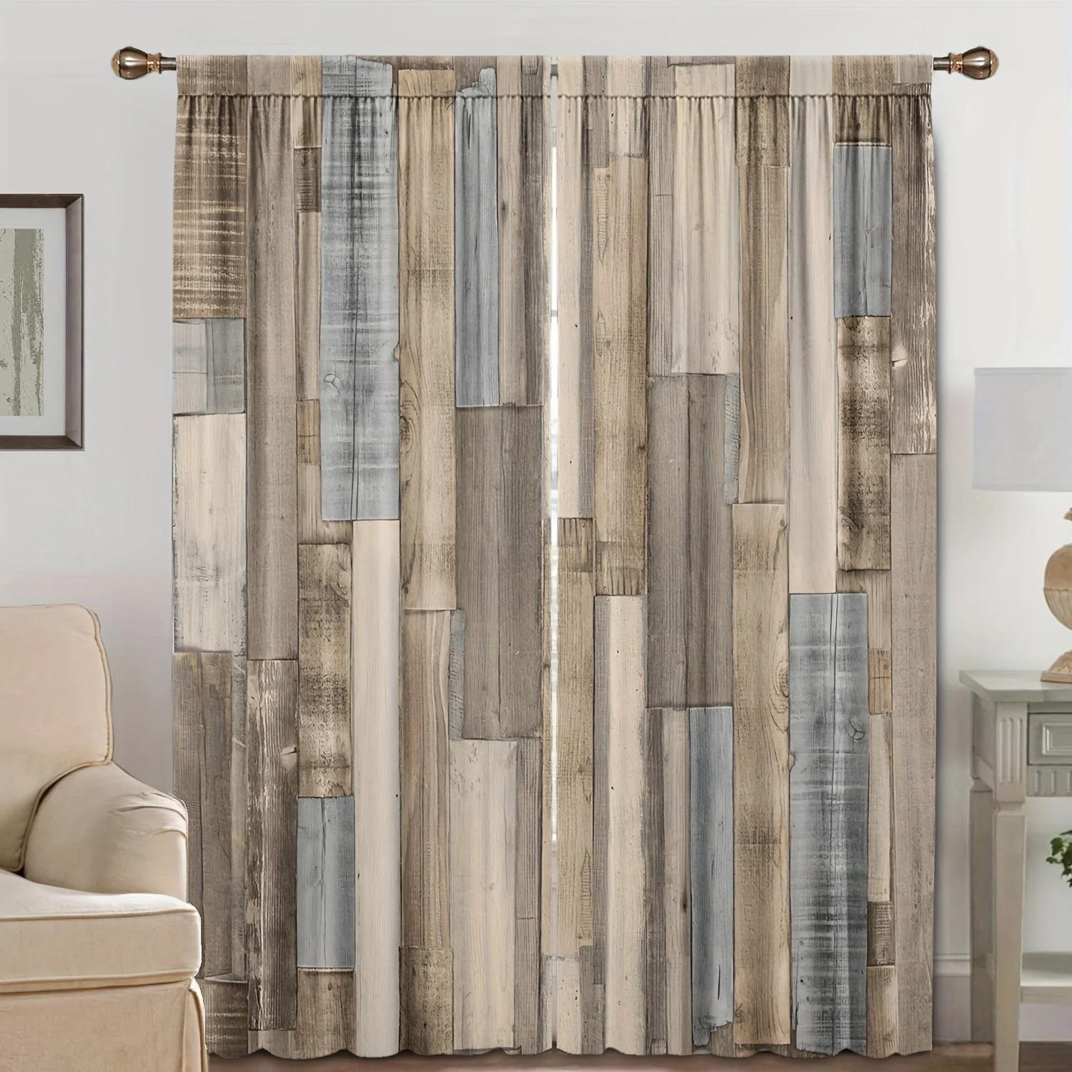

2pc Home Decor Drapes Wood Floor Printed European Style Elegant Decor Current Printed Curtain Rod Pocket For Kitchen Living Area W65X60H(cm)X2Pcs&Hook