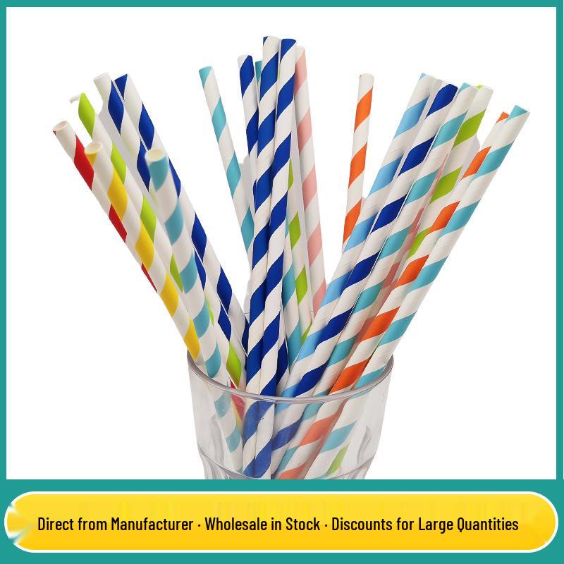 Pack of 50 Biodegradable Colorful Striped Paper Straws for Juice, Tea, and Milk