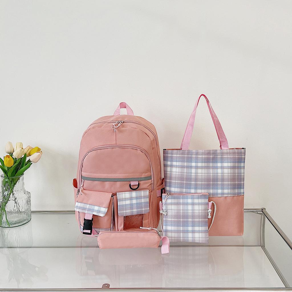 New schoolbag, primary school girl, lightweight stress relief, student backpack, fashionable plaid backpack, four-piece set
