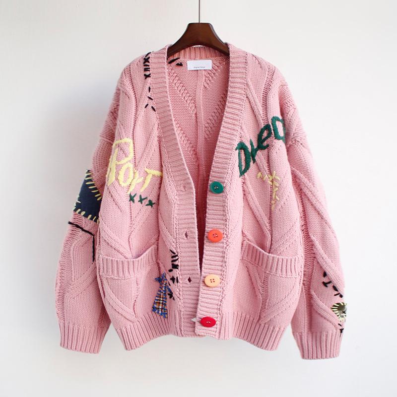 Podzimní a zimní dámský svetr móda líný vítr vyšívaný svetr dopisní design volná pletená bunda cardigan