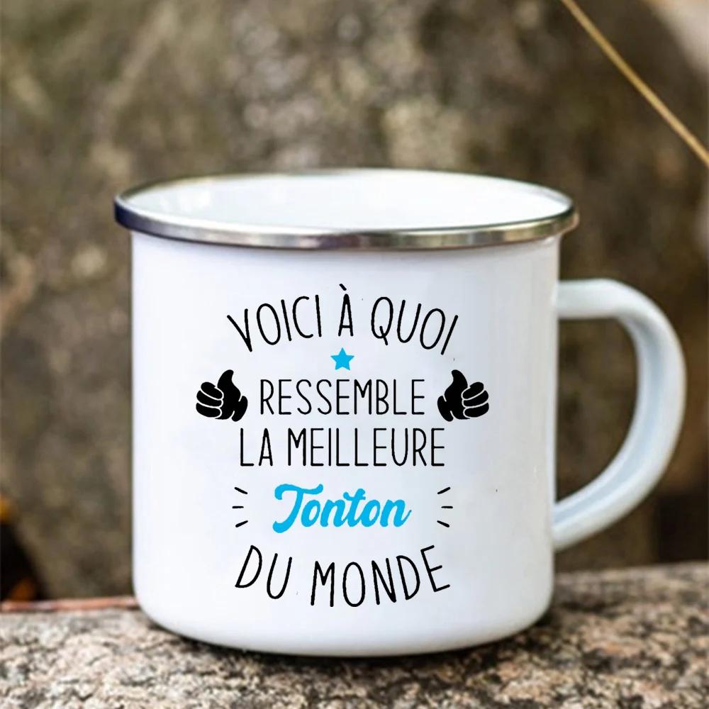 Super Tonton Papy Printed Funny Enamel Creative Coffee Cups Camping Mugs Handle Drinkware Vacation Mug Father's Day Best Gifts