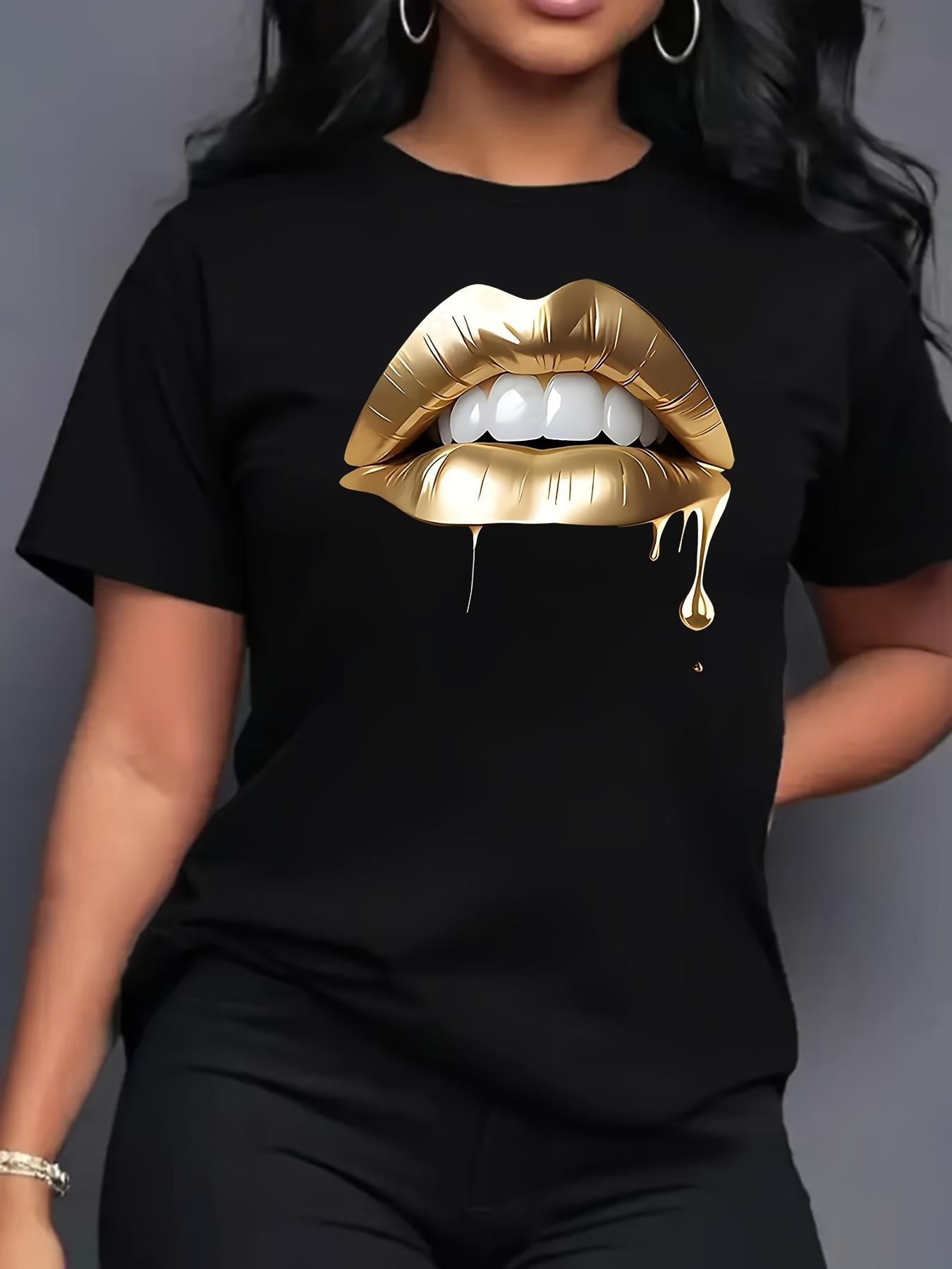 

Golden Lips Pattern Print Comfortable Women s Short Sleeve T-shirt Casual Printed Women s T-shirt Patterned Women s Top 5XL різнокольоровий