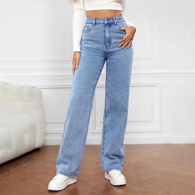 Women Jeans High Waist Zipper Button Closure Solid Color Slim Fit Wide Leg Retro Straight Pockets Soft Colorfast Lady Full Length Denim Pants