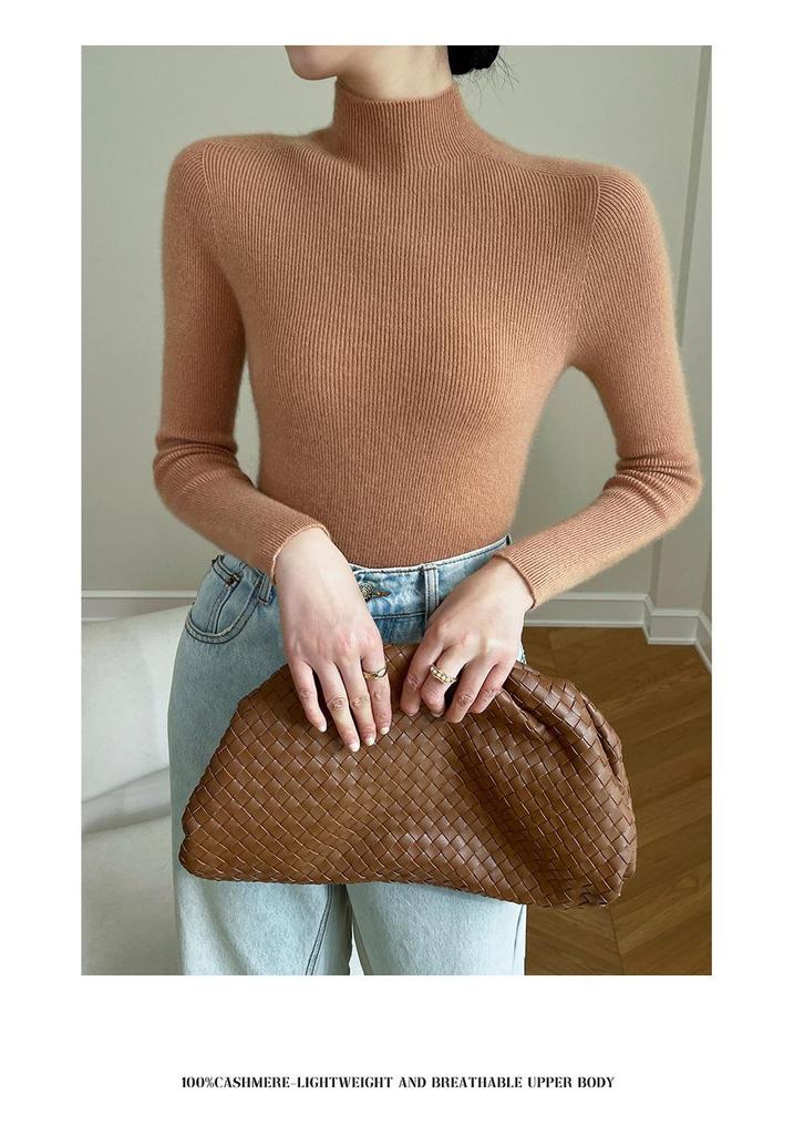 Women's Autumn/Winter Pure Cashmere Striped Slim-Fit Sweater with Half-High Neck