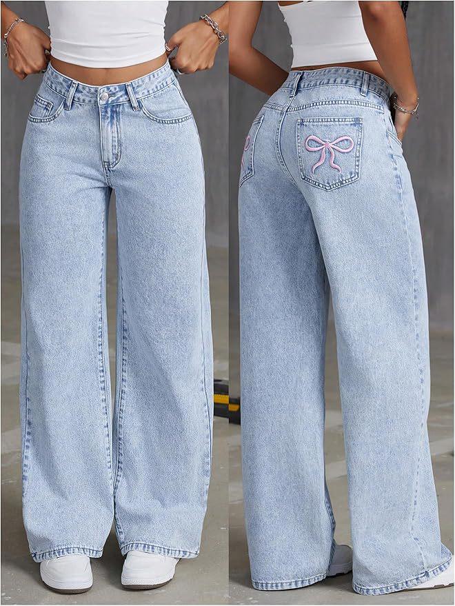 Damen Y2K High Waist Jeans mit Schleifenstickerei, gerade geschnitten - Locker, Lang und Schlank machend S hellblaue